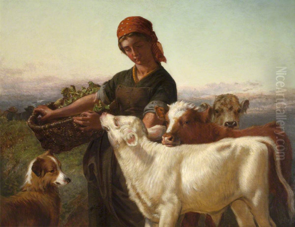A Farm Girl with Three Calves and 'Silky' Oil Painting by Henry Hetherington Emmerson