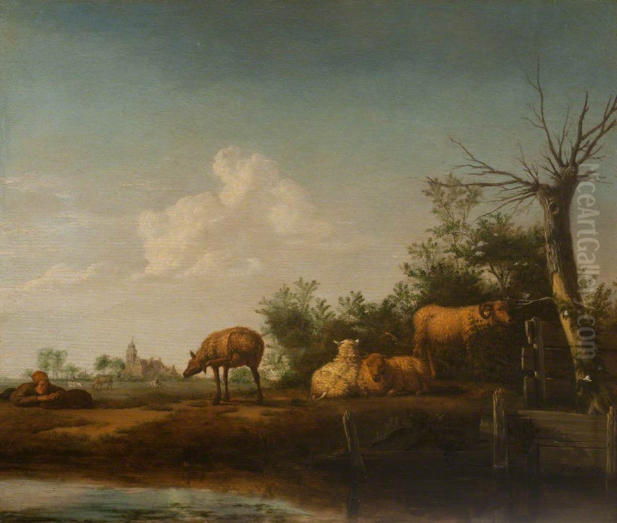 Sheep by a Stream with a Shepherd and his Dog Oil Painting by Adriaen Van De Velde