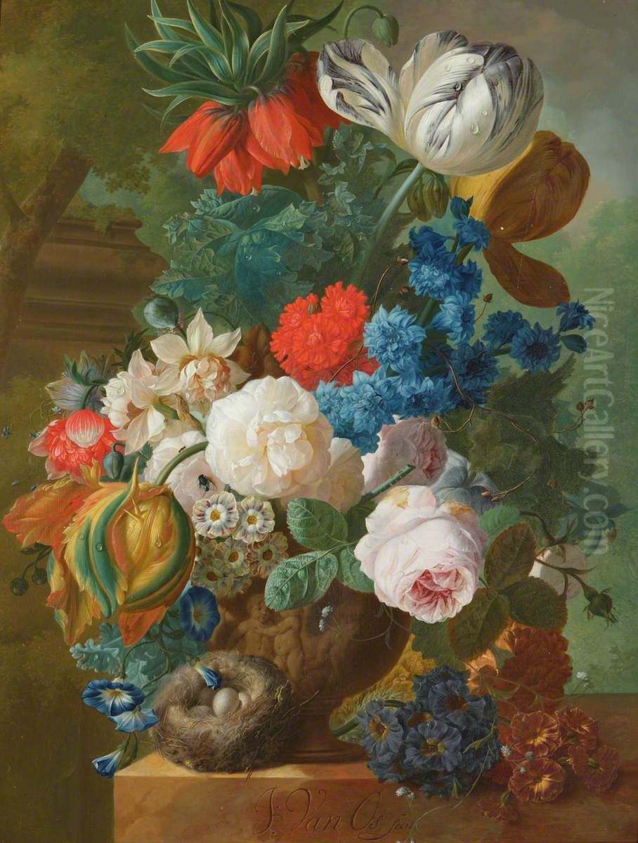 Roses, Tulips and Crown Imperial in a Vase with a Bird's Nest Oil Painting by Jan van Os
