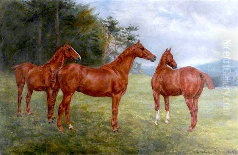 Three Chestnut Horses in a Landscape Oil Painting by Evelyn Blacklock