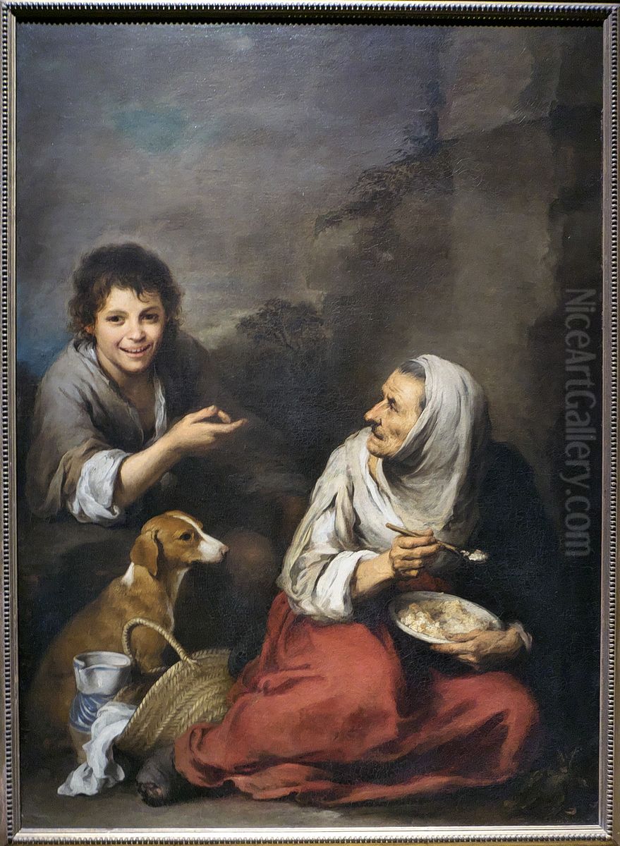 An Urchin mocking an Old Woman eating Migas Oil Painting by Bartolome Esteban Murillo