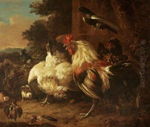 A Cock and Two Hens, with Chicks, in a Landscape Setting