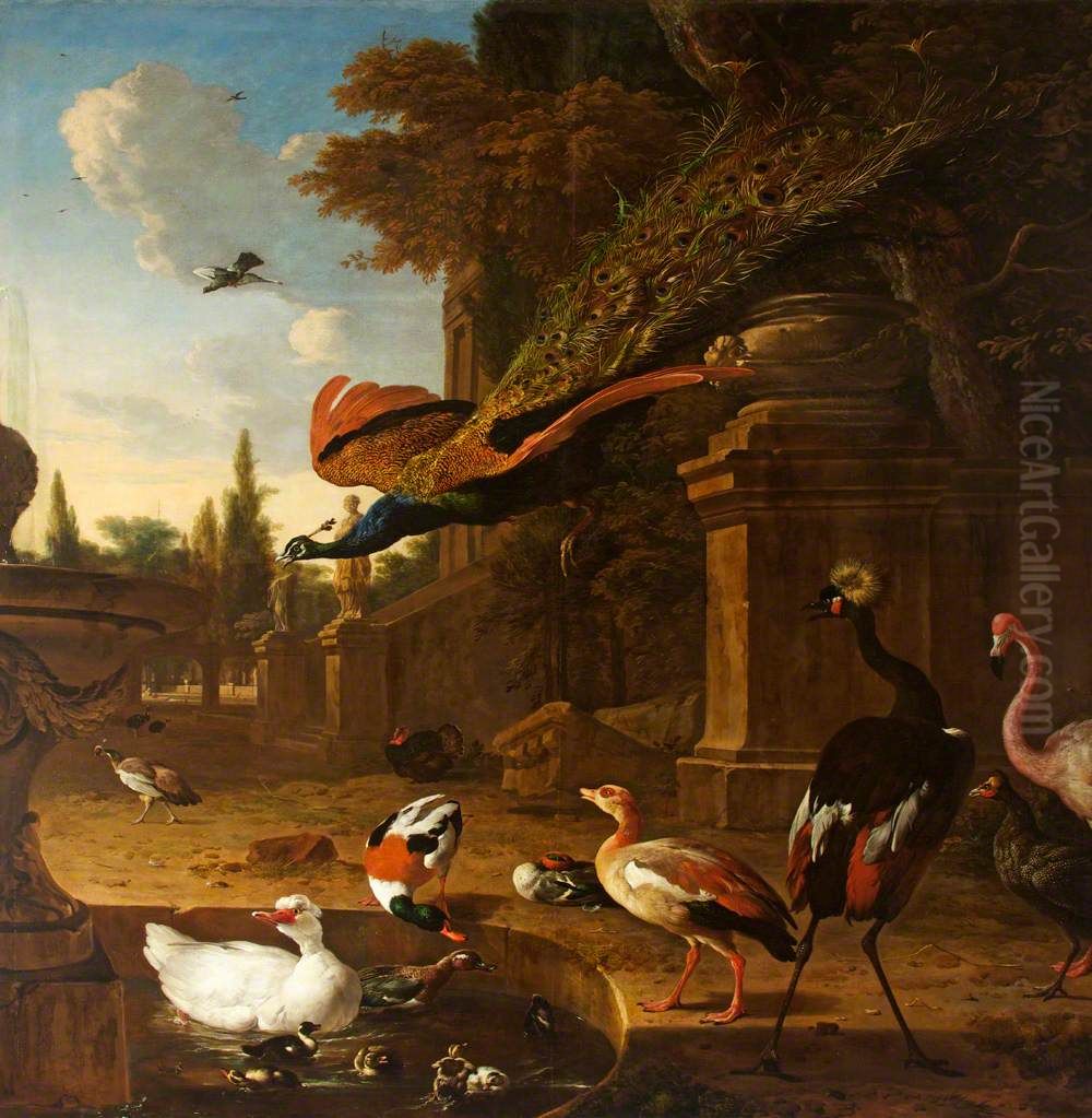 Ornamental Fowl in and beside a Pond in a Park, with a Peacock in Flight Oil Painting by Melchior D'Hondecoeter