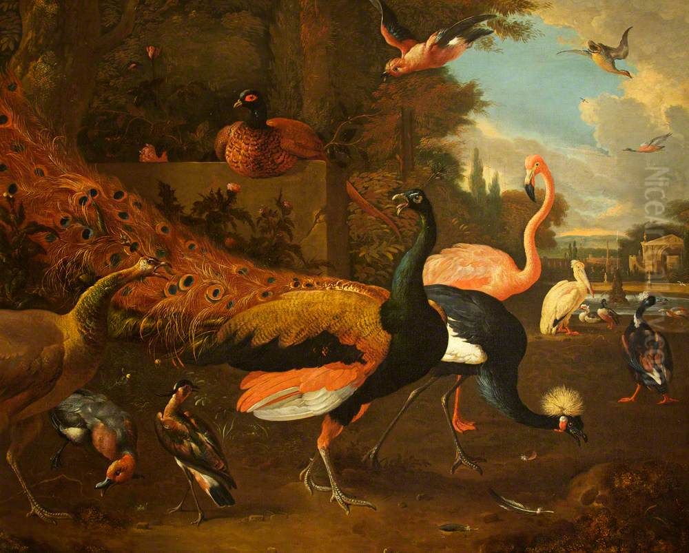 A Peacock and Peahen with a Crane, Flamingo, Pelican, and other Fowl, in a Park Oil Painting by Melchior D'Hondecoeter