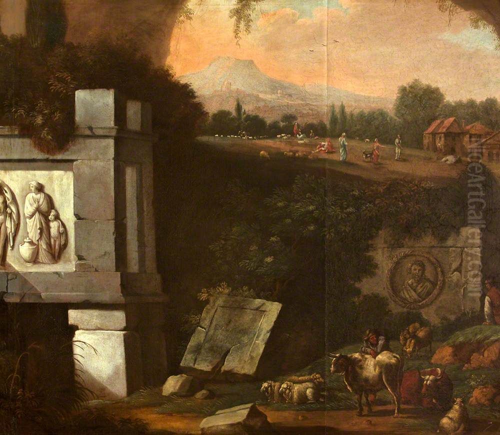 Herdsmen with their Flock and Ruined Monuments Oil Painting by Robert Streater