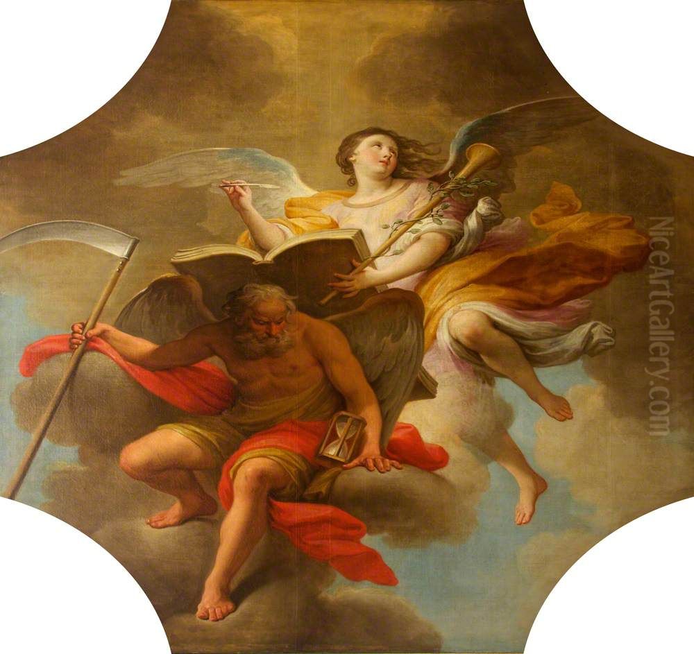 Personification of History writing on the Back of Time Oil Painting by Andrea Casali