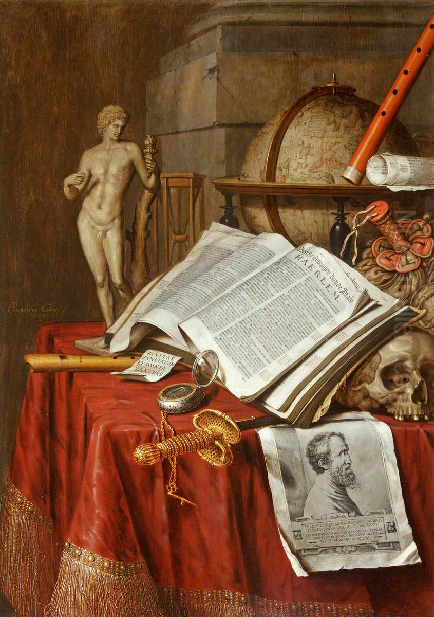 Vanitas Still Life with a Statuette of an Antique Athlete and a Print of Michelangelo Oil Painting by Evert Collier