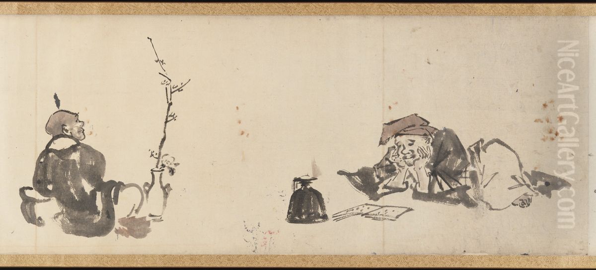 Frolicking Figures and Animals Oil Painting by Kawanabe Kyosai