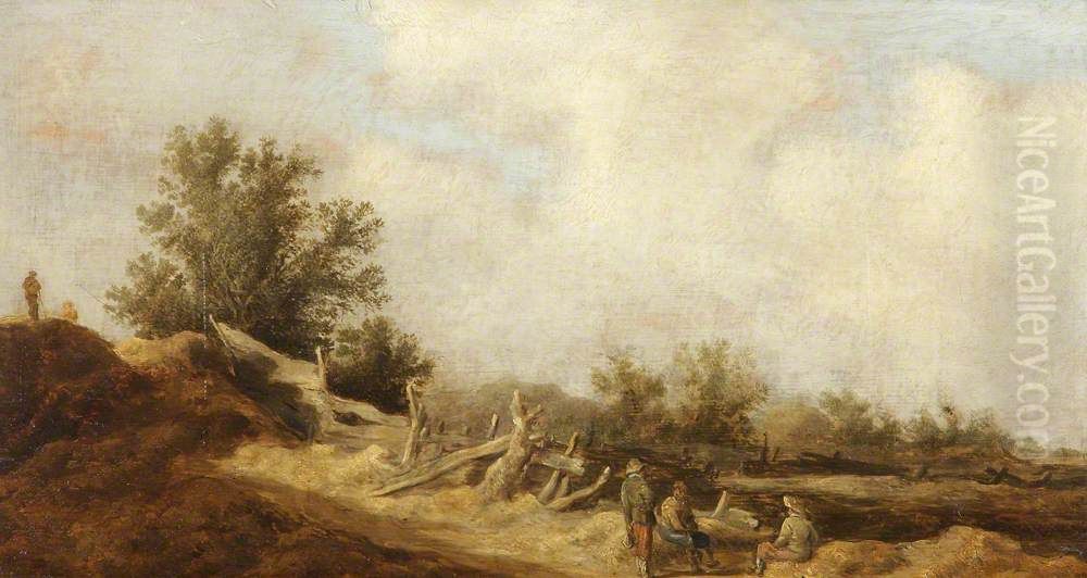 Dune Landscape with Three Figures by a Dilapidated Wooden Fence Oil Painting by Jan van Goyen