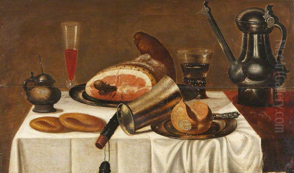 Still Life with Food and Drink on a White Tablecloth Oil Painting by Pieter Claesz