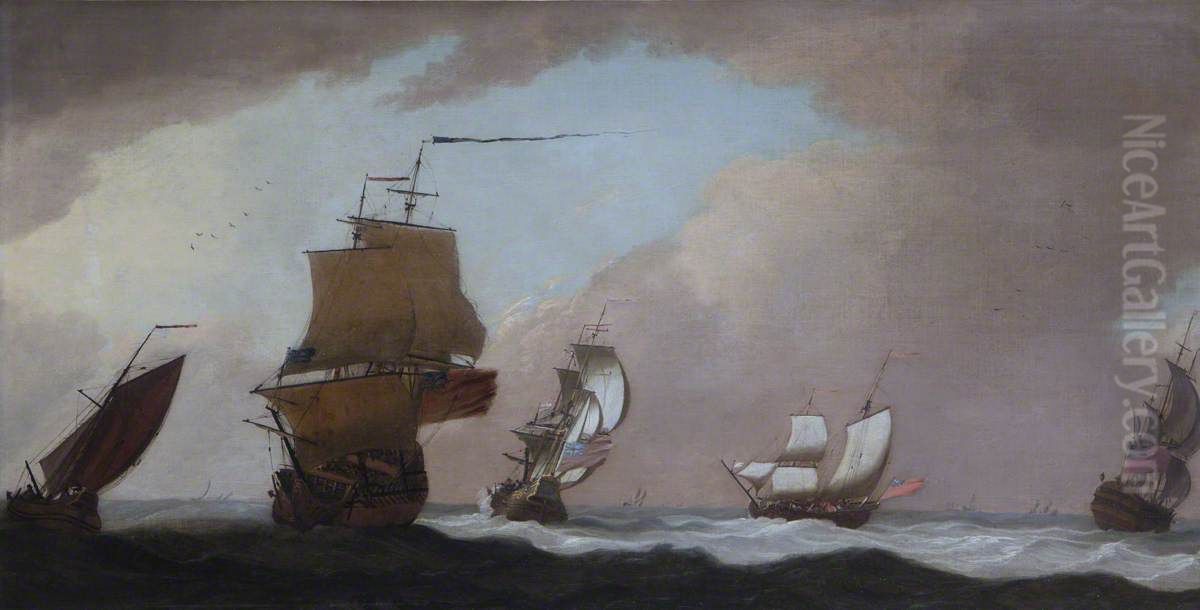 Four British Warships and a Fishing-smack in a Strong Wind Oil Painting by Peter Monamy
