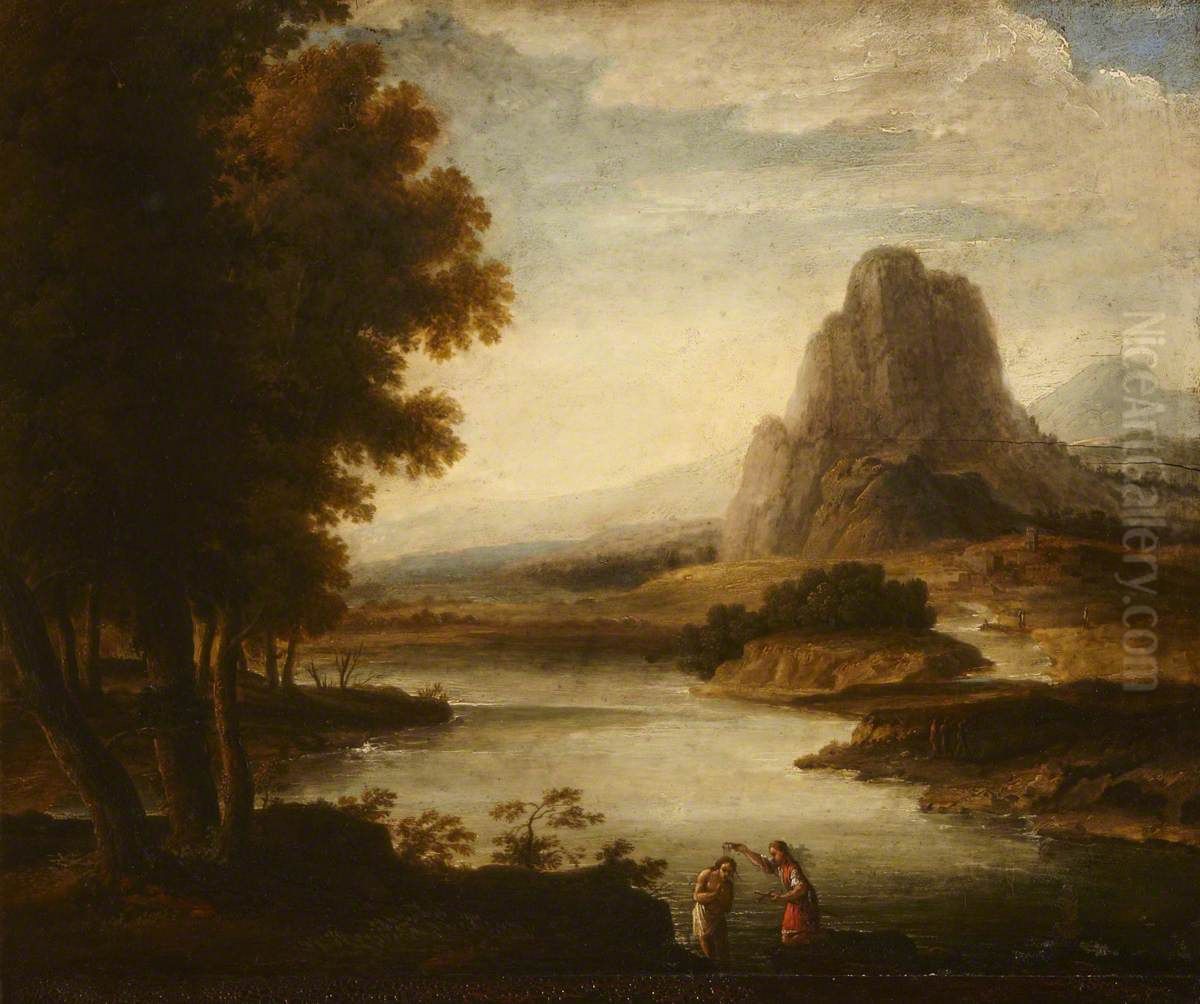 Landscape with the Baptism of Christ Oil Painting by Herman Van Swanevelt