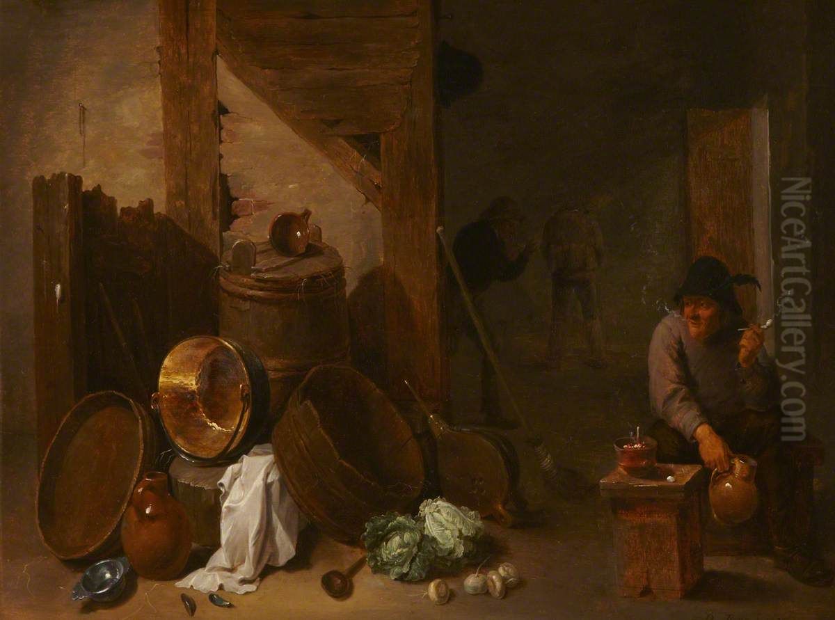 Kitchen Interior with Toper and other Peasants beyond Oil Painting by David Teniers the Younger