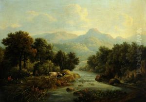 Wooded Landscape with Cows at a Riverbank