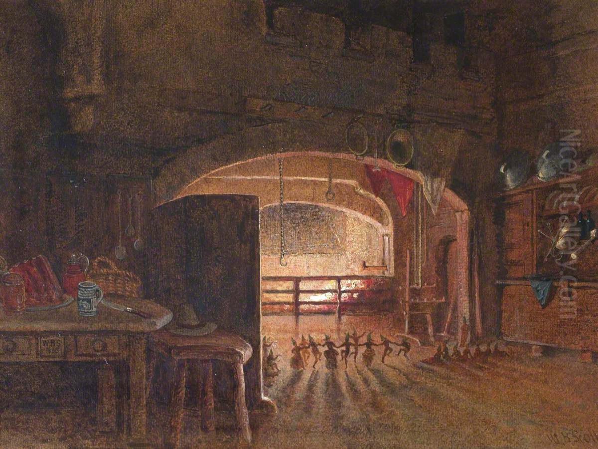 Pixies dancing in a Ring by the Firelight Oil Painting by William Bell Scott