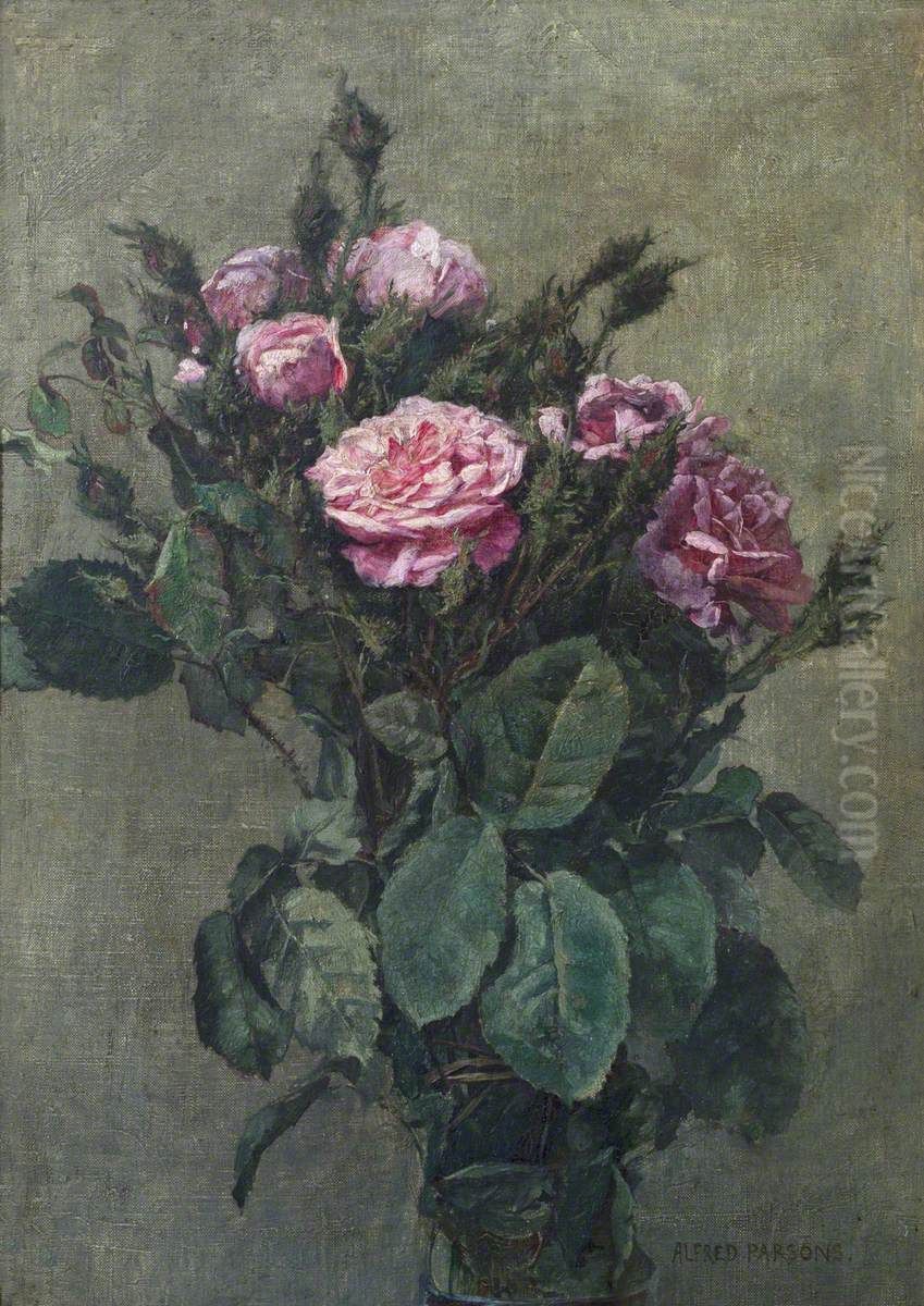 A Bunch of London Market Garden Moss Roses Oil Painting by Alfred Parsons