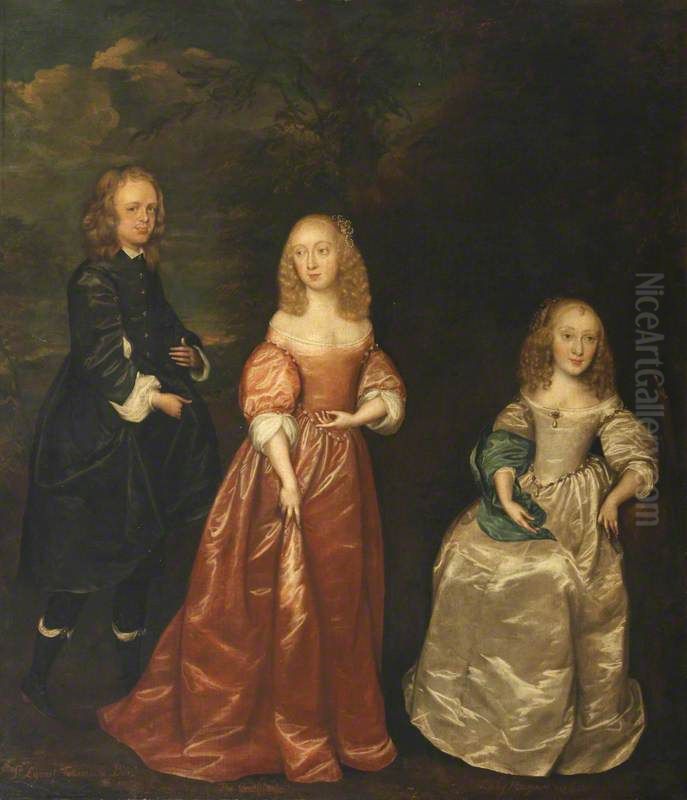 Elizabeth Murray, Countess of Dysart (1626-1698), with her First Husband, Sir Lionel Tollemache (1624-1669), and her Sister, Margaret Murray, Lady Maynard (c.1638-1682) Oil Painting by Joan Carlile