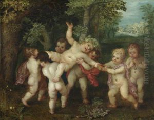 Putti enacting a Bacchanalian scene