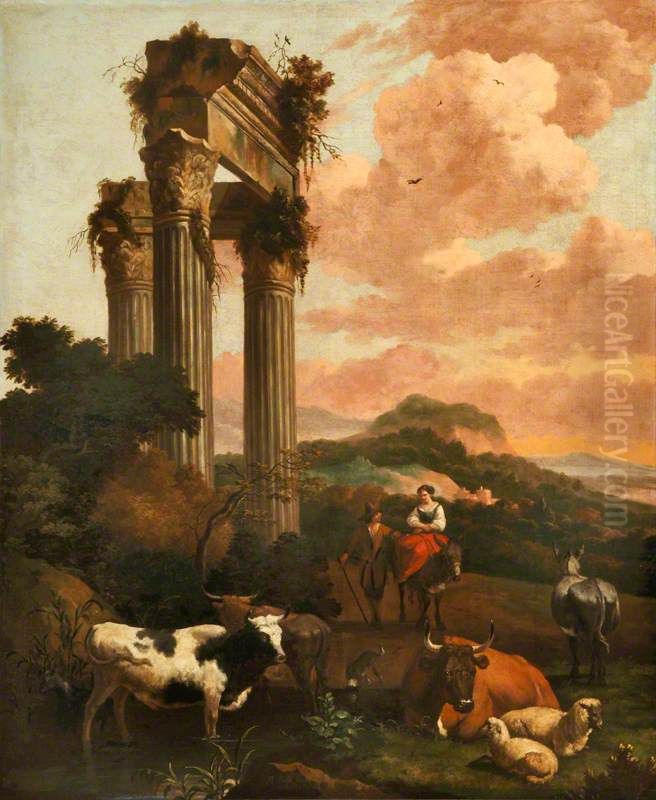 Landscape with Figures, Cattle and Sheep among Classical Ruins Oil Painting by Abraham Begeyn