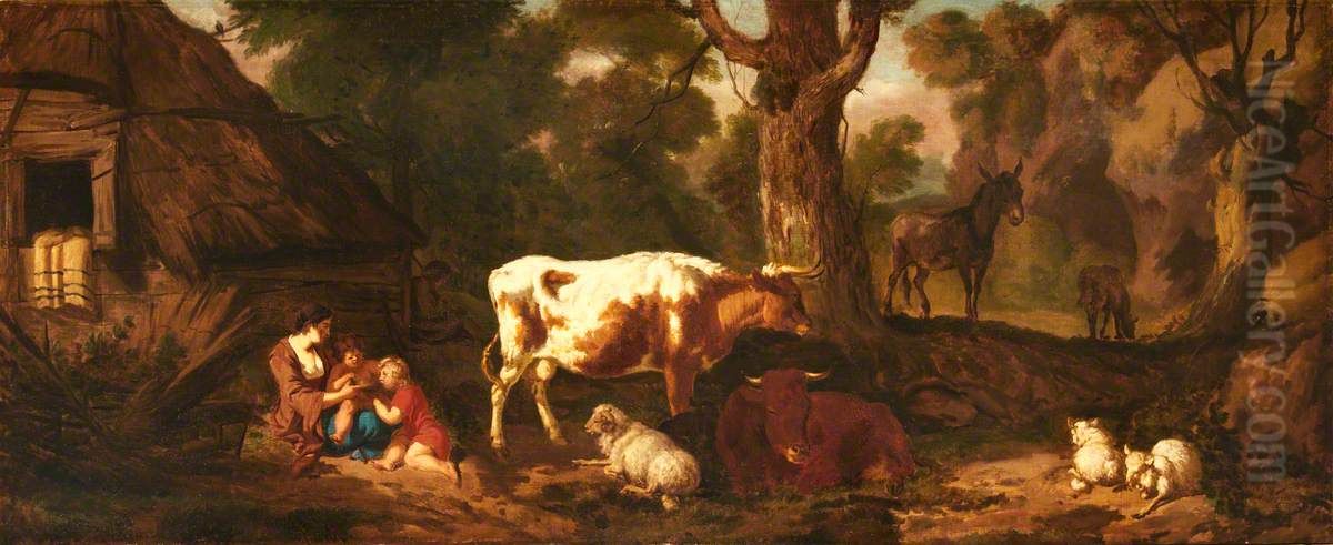 A Mother with Two Children, Two Cows, Sheep, and an Ass, in a Clearing outside a Cottage Oil Painting by Dirck van der Bergen
