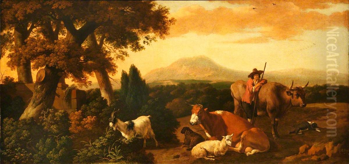 Pastoral Scene with Shepherd and a Sheep, Goat and Cows Oil Painting by Abraham Begeyn
