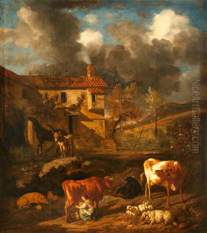 Landscape with a Milkmaid milking a Cow, a Farm Dwelling, Cows, Sheep, and a Donkey Oil Painting by Dirck van der Bergen