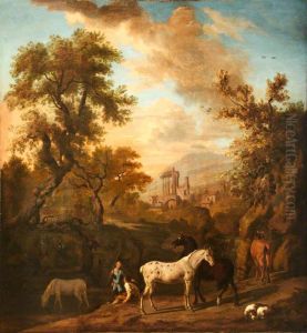 Landscape with Figures, Horses and a Dog, and Ruins in the distance Landscape with Figures, Horses and a Dog, and Ruins in the distance