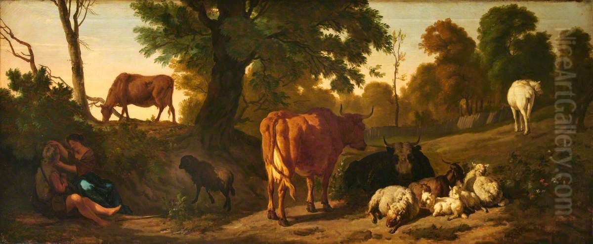 Landscape with Cattle, Sheep, a Horse, a Goat and a Courting Couple of Rustics Oil Painting by Dirck van der Bergen