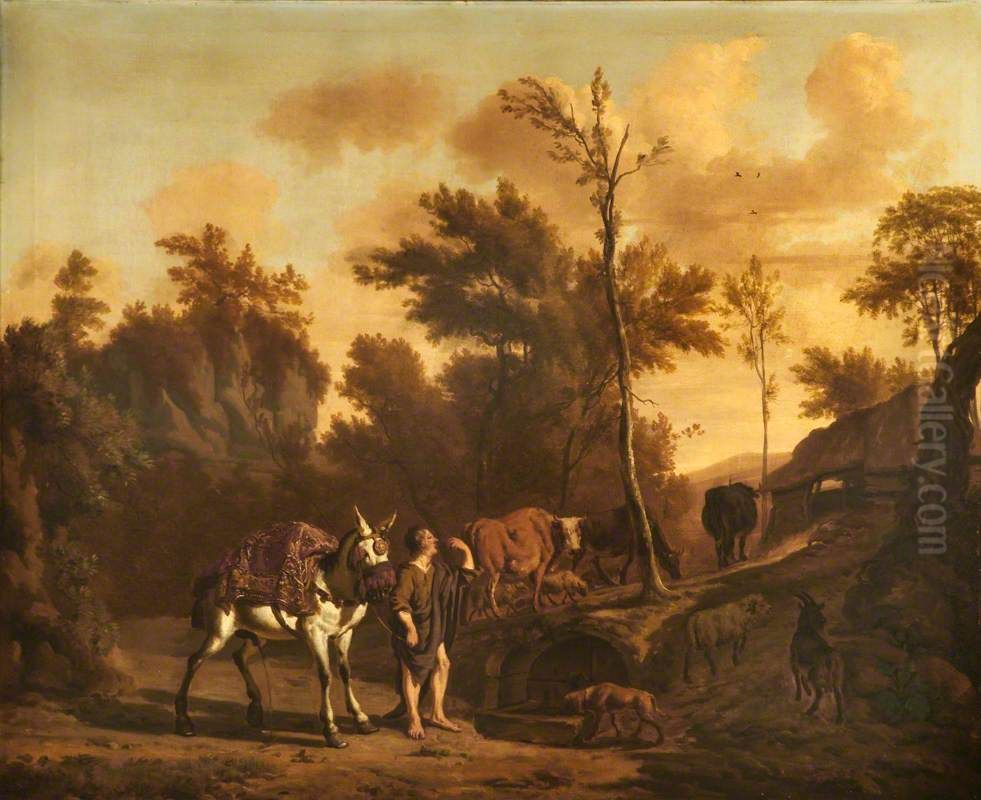 Landscape with a Herdsman leading a Staling Mule, a Goat, Dog, Cattle and Sheep Oil Painting by Dirck van der Bergen
