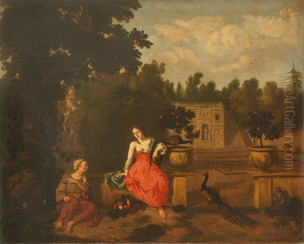 An Old Woman and a Young Girl in a Garden (Vertumnus and Pomona, with Juno's Peacock) Oil Painting by Dirck van der Bergen