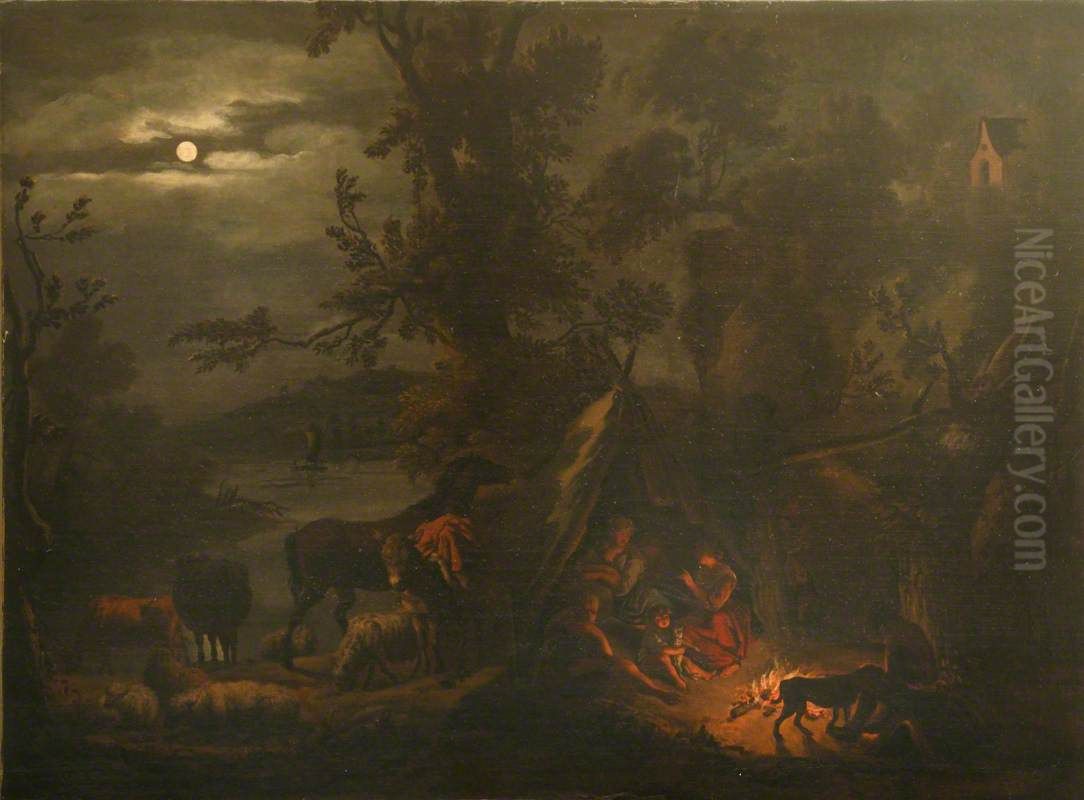 Night Scene with Figures grouped around a Fire Oil Painting by Dirck van der Bergen
