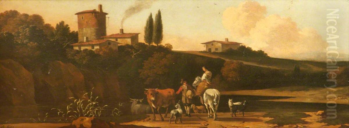 River Landscape with a Tower and Houses on a Hill on the far side, and a Herdsman with Cattle and goats conversing with a Woman on a Horse on a Road in the foreground Oil Painting by Abraham Begeyn