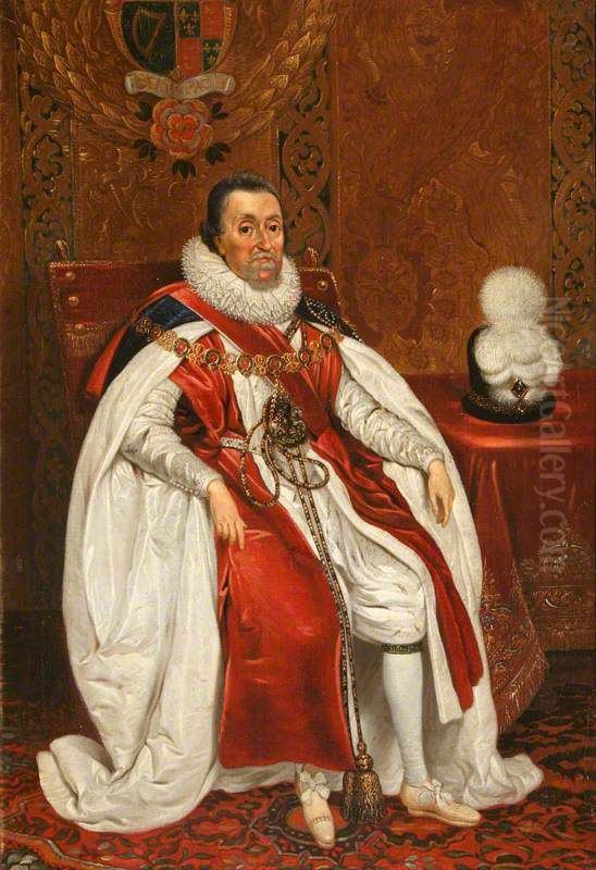 King James I (James VI of Scotland) (1566-1625) in Garter Robes Oil Painting by Daniel Mijtens