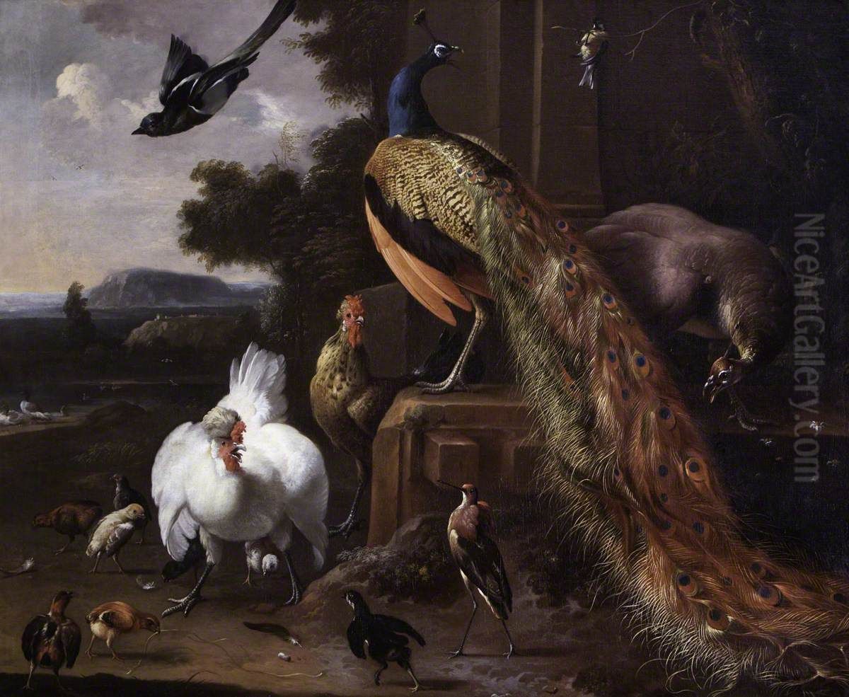 Peacocks and Farmyard Fowls with a Magpie in a Landscape Oil Painting by Melchior D'Hondecoeter