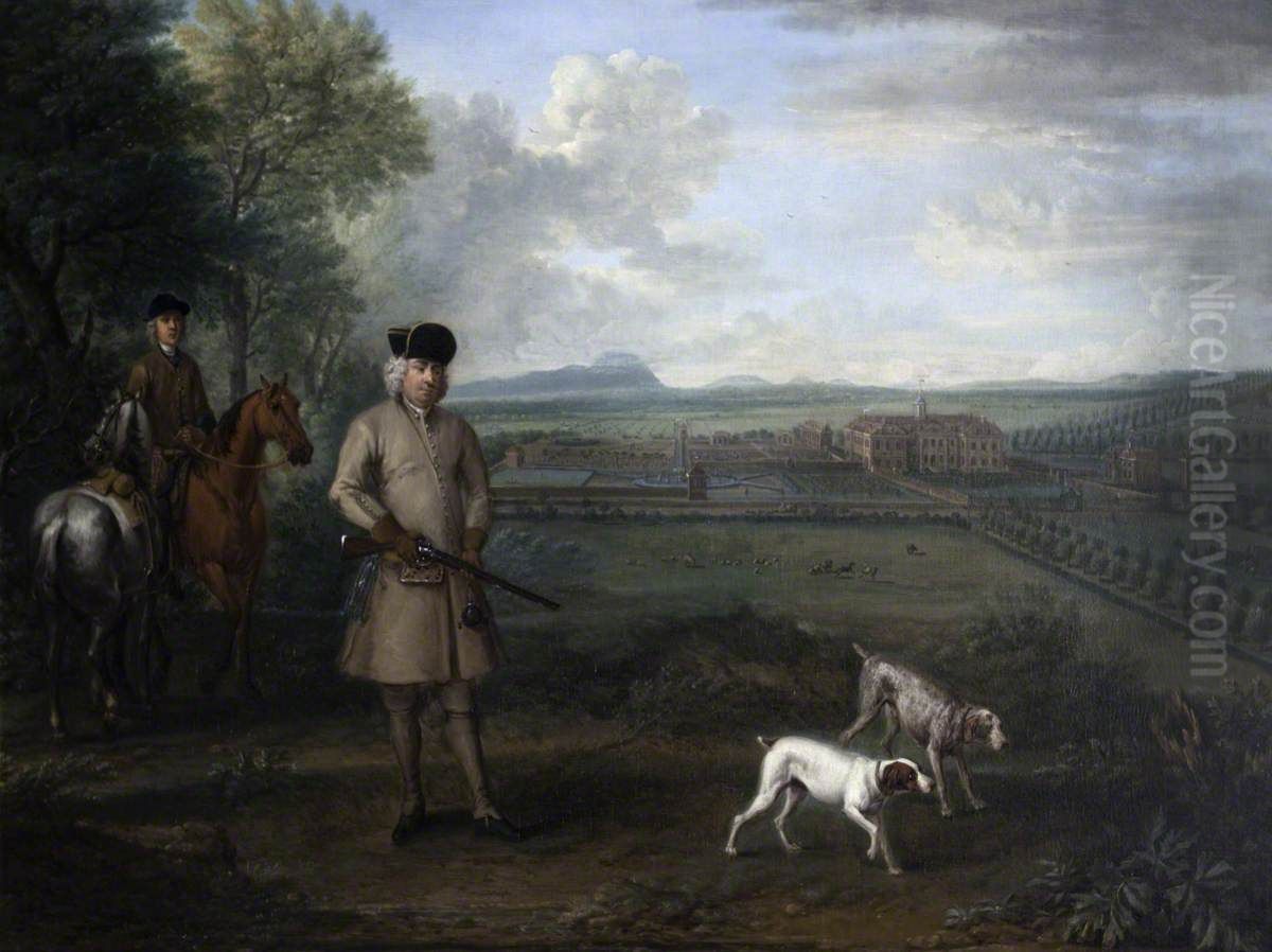 Bowater Vernon (1683-1735) with Hanbury Hall and its Formal Garden Oil Painting by John Wootton