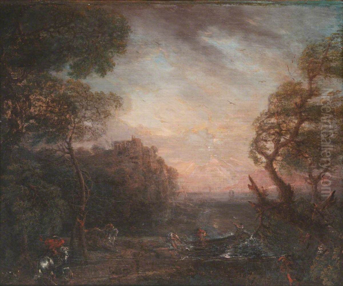 Landscape of River Valley at Sunset/Coastal Landscape at Dusk Oil Painting by John Wootton