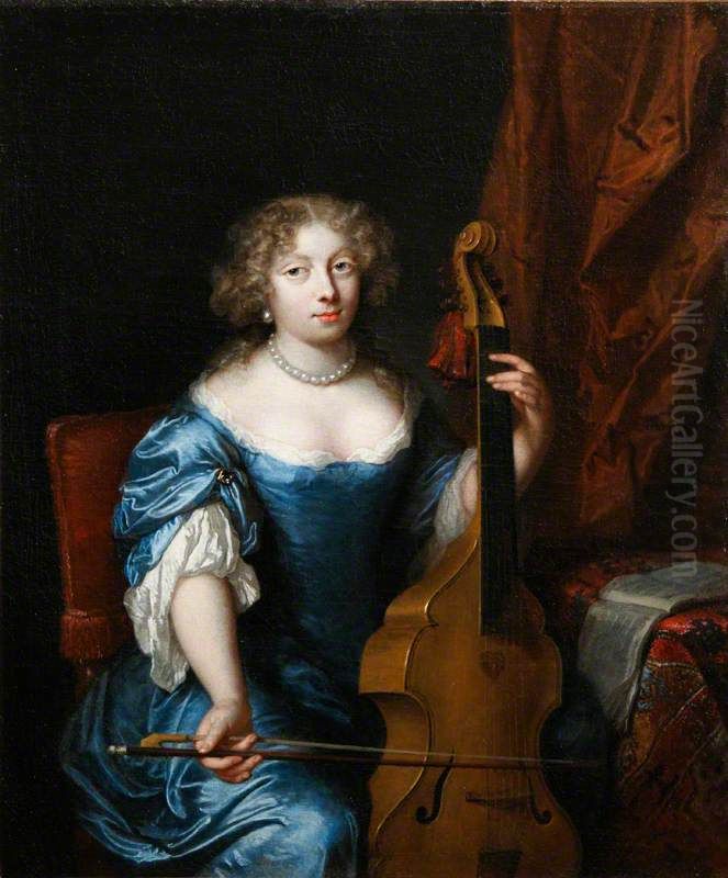 A Lady playing a Viola da Gamba Oil Painting by Caspar Netscher