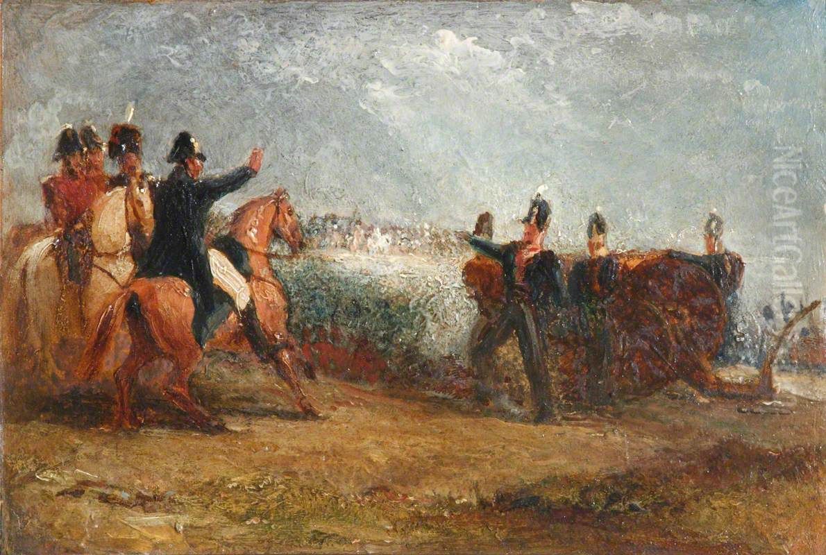 Scenes with the Duke of Wellington at the Battle of Waterloo (The Meeting of Wellington and Blucher at Waterloo and Wellington with Frontline Artillery at Waterloo) Oil Painting by George Jones