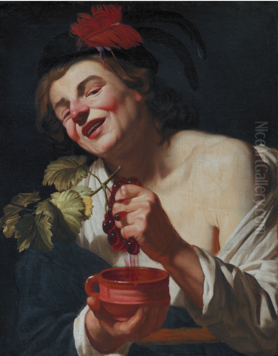 A Bacchic Young Man squeezing Grapes into a Cup (An Allegory of Taste?) Oil Painting by Gerard van Honthorst