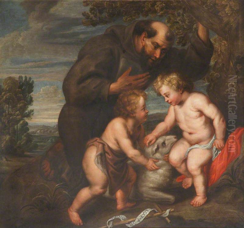 Saint Francis contemplating Christ and the Infant John the Baptist Oil Painting by (studio of) Rubens, Peter Paul