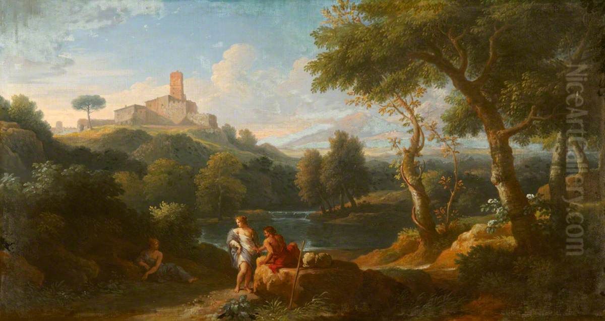 Classical Figures in an Italian Landscape Oil Painting by Jan Frans van Bloemen
