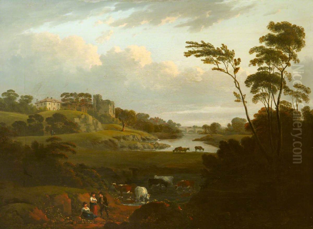 Cows watering in a River Landscape (possibly Walton Park) Oil Painting by Julius Caesar Ibbetson