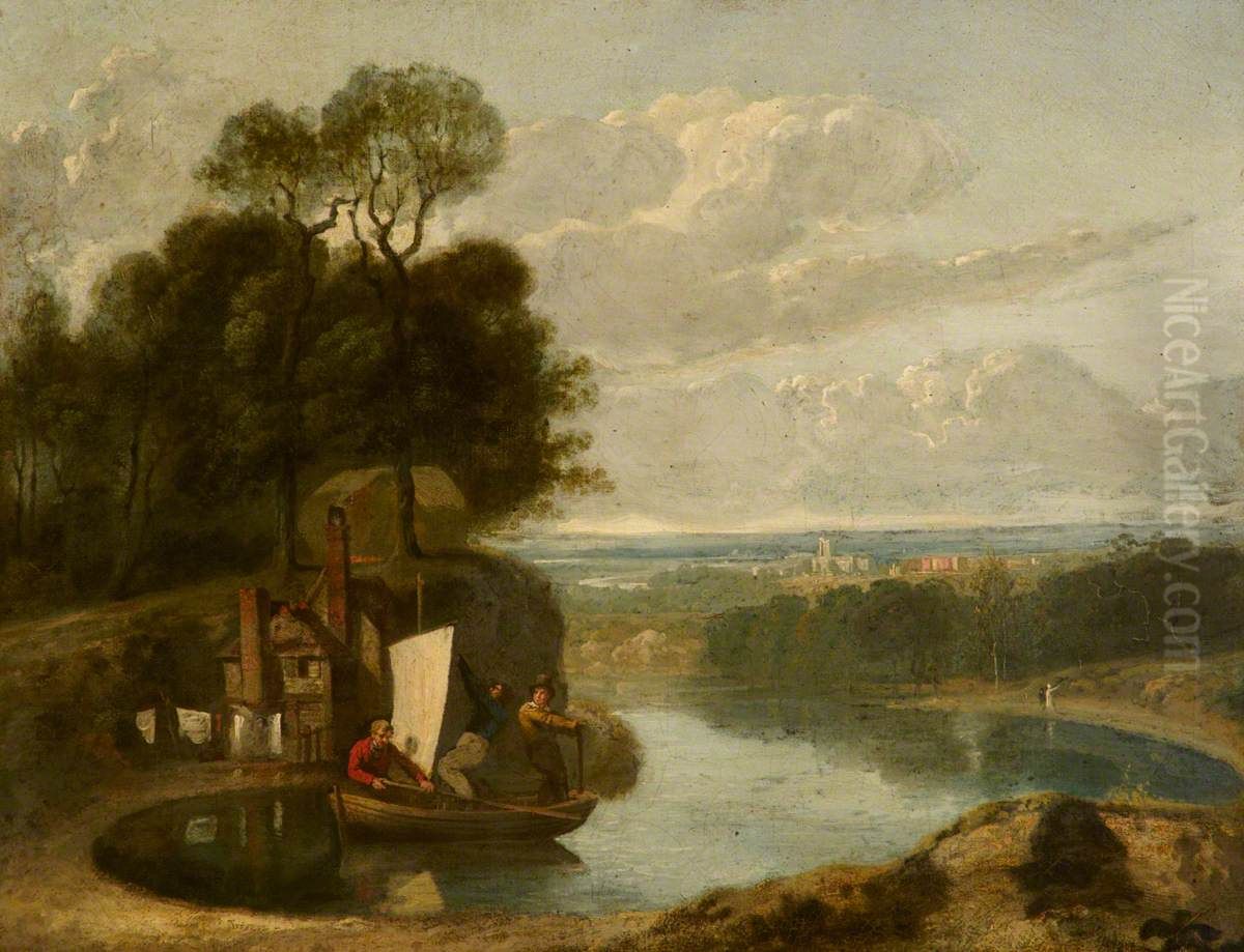 Three Boys in a Sailing Boat on a Lake with, possibly, Durham in the distance Oil Painting by Joseph Farington