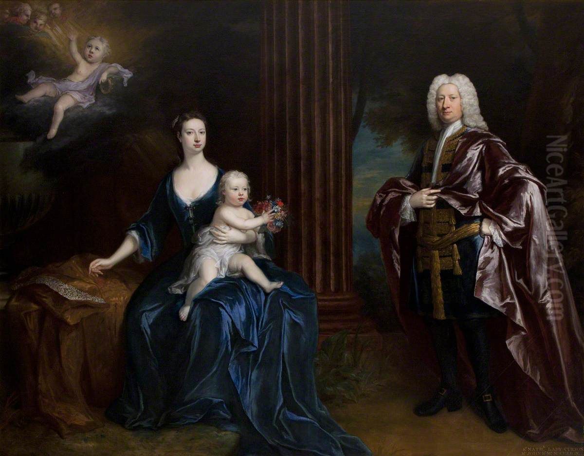 Sir Nathaniel Curzon, 4th Baronet Curzon (1676-1758) with his Wife, Mary Assheton, Lady Curzon (1695-1776) and their Son Nathaniel, later Nathaniel Curzon, 1st Baron Scarsdale (1726-1804) with their D Oil Painting by Jonathan Richardson
