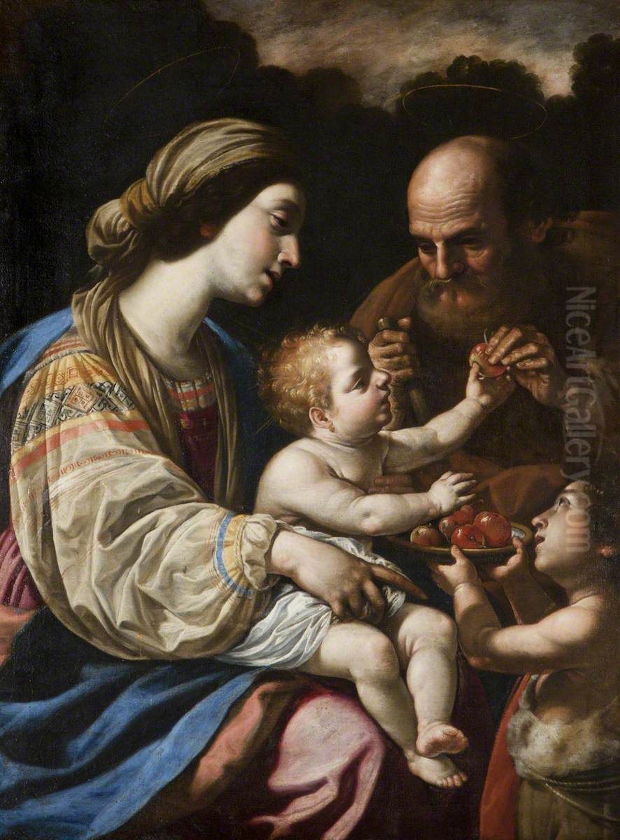Holy Family with the Infant John the Baptist offering Fruit Oil Painting by Simone Cantarini (Pesarese)