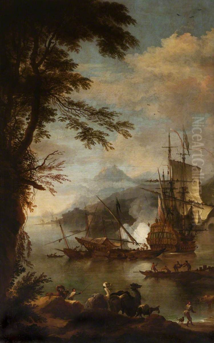 A Bay with Camels in the foreground Oil Painting by Adriaen Van Diest