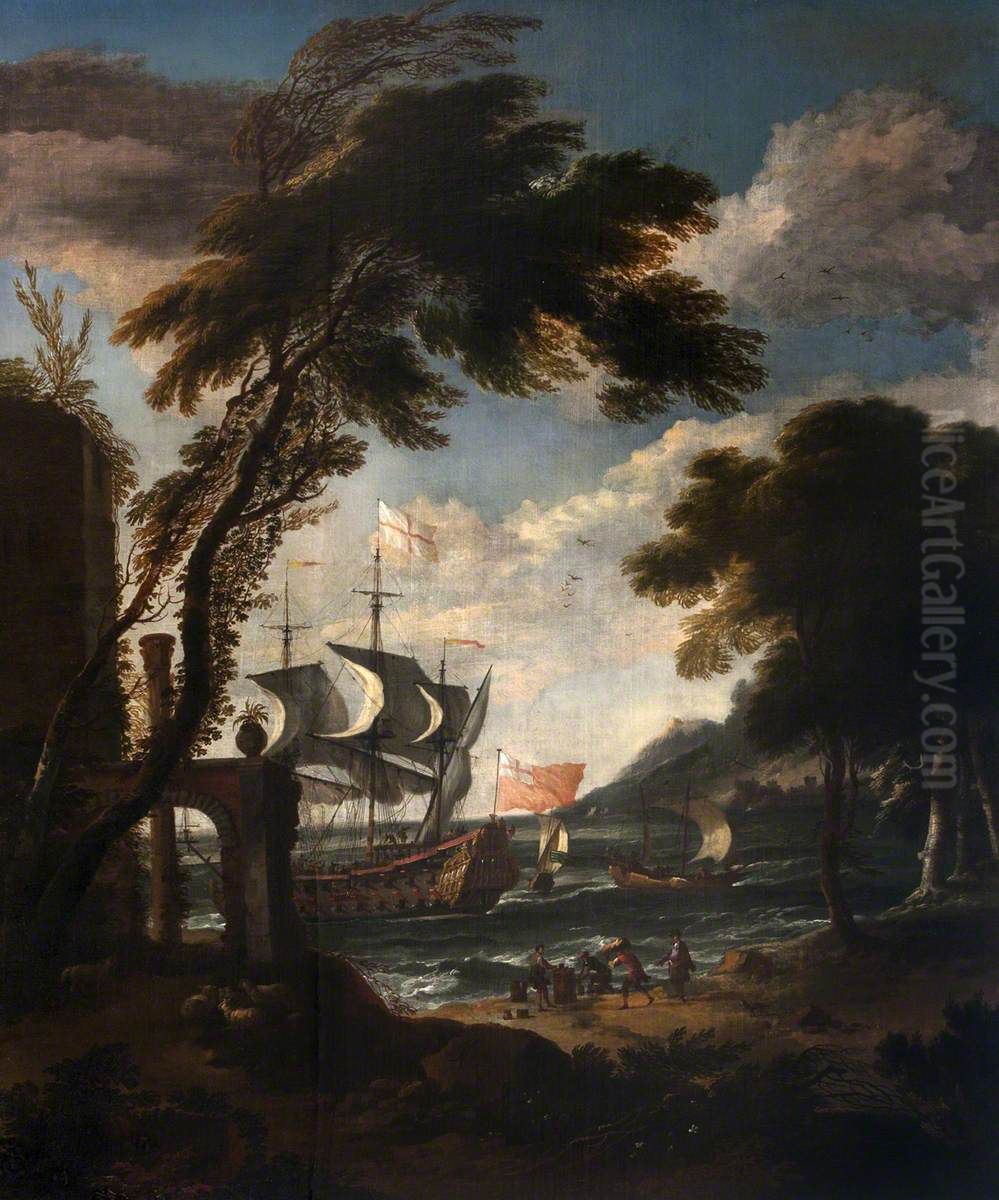 A Seaport with Men-o'-War, Boats and Figures Oil Painting by Adriaen Van Diest