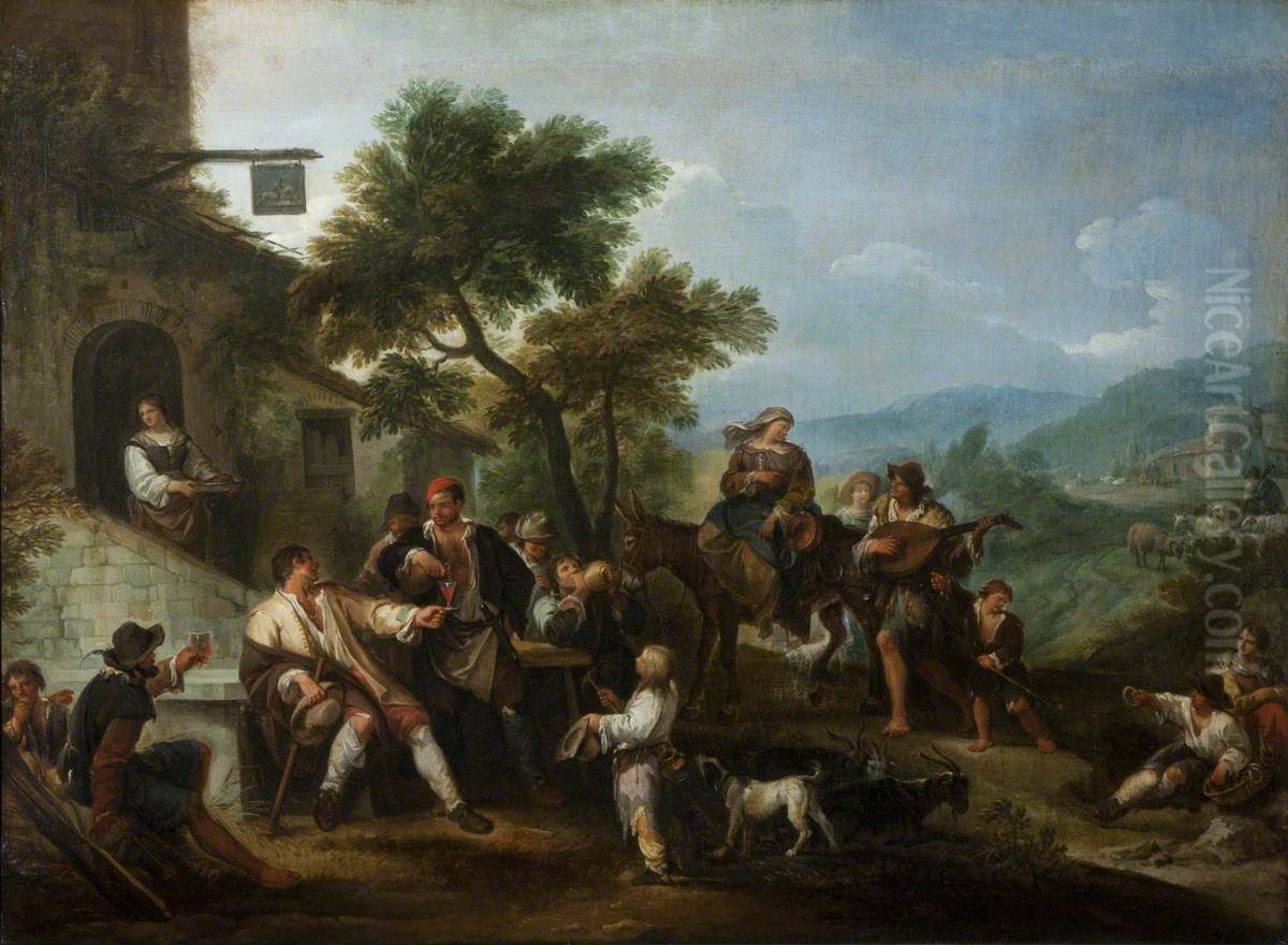 Peasants merry-making before an Inn Oil Painting by Dirck Helmbreker