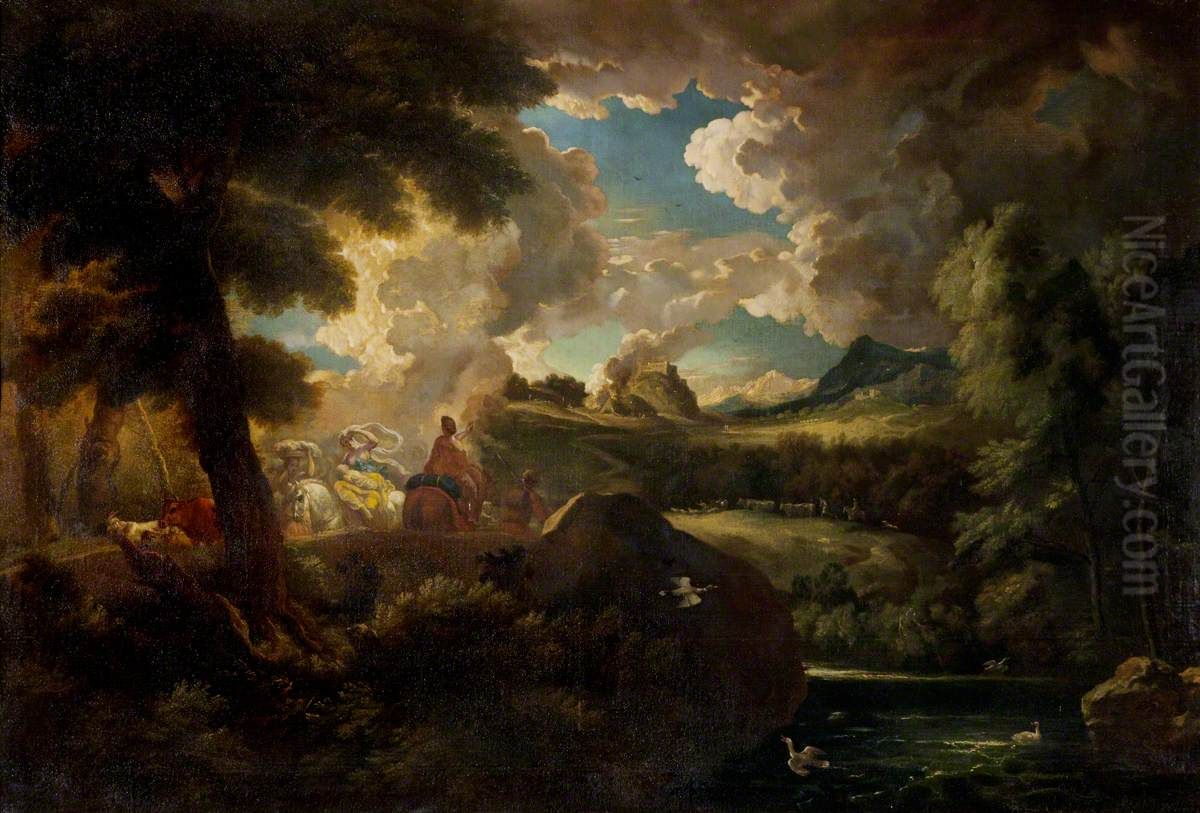 A Wooded Landscape with Figures and a Stormy Sky by the Sea Coast Oil Painting by Pieter Mulier