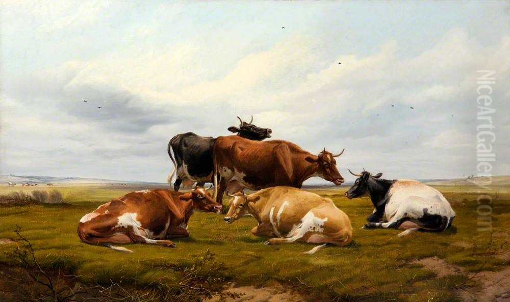 Five Cows in a Landscape Oil Painting by Thomas Sidney Cooper